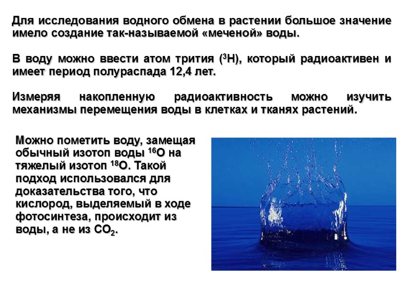 Для исследования водного обмена в растении большое значение имело создание так-называемой «меченой» воды. 